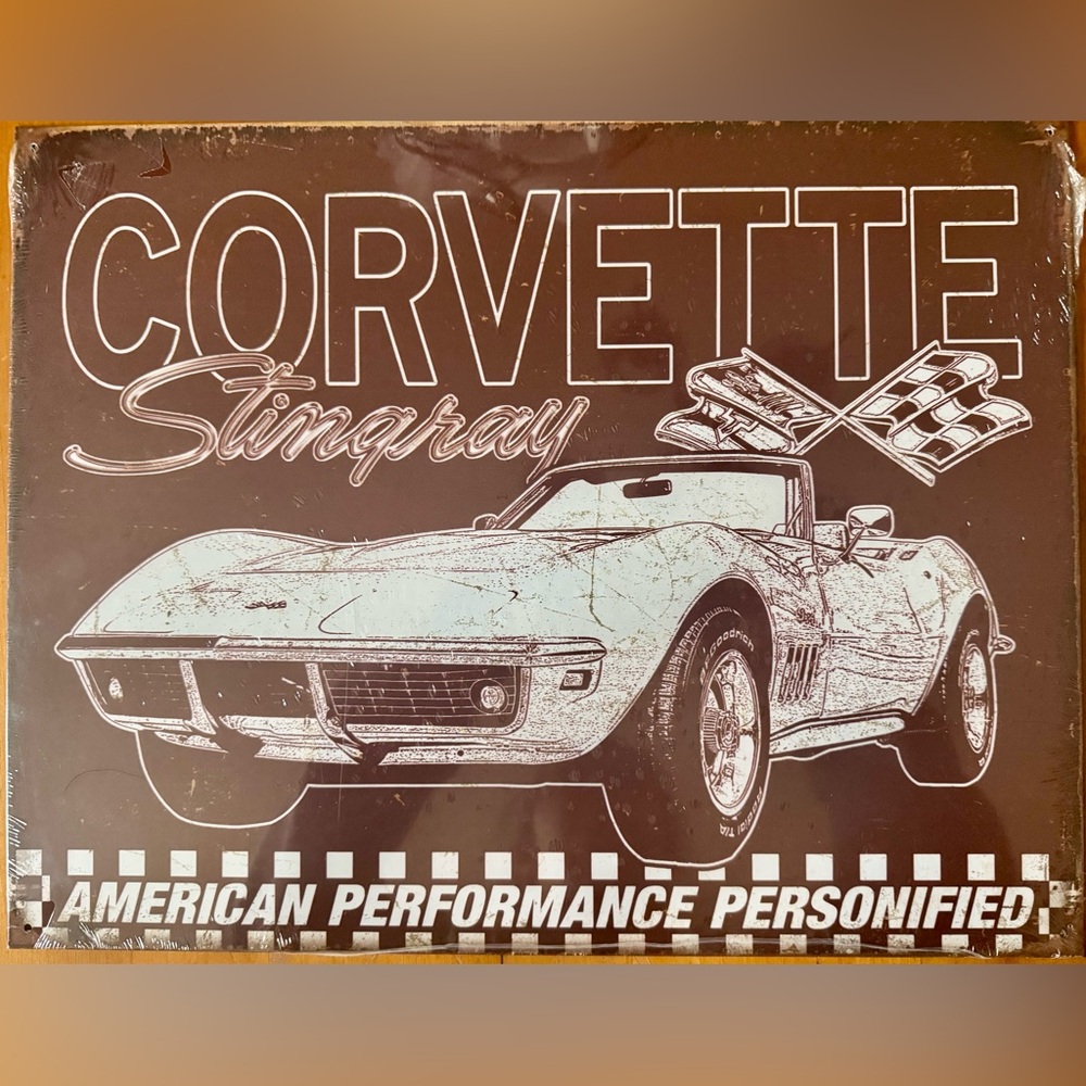 Corvette Stingray Retro Metal Sign - Brown & Cream